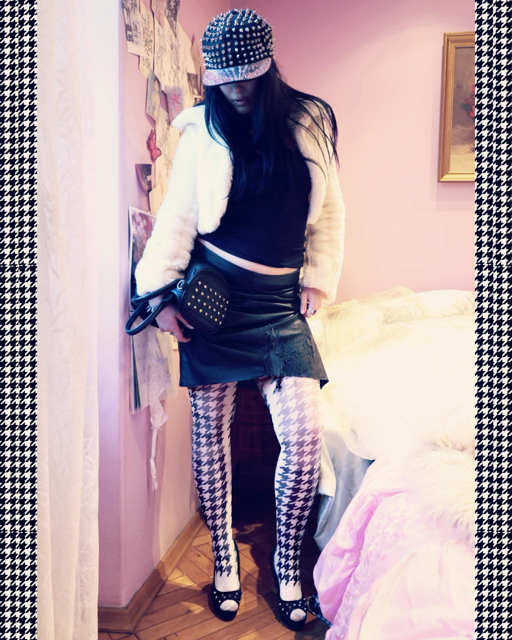 white tights with houndstooth 40 den