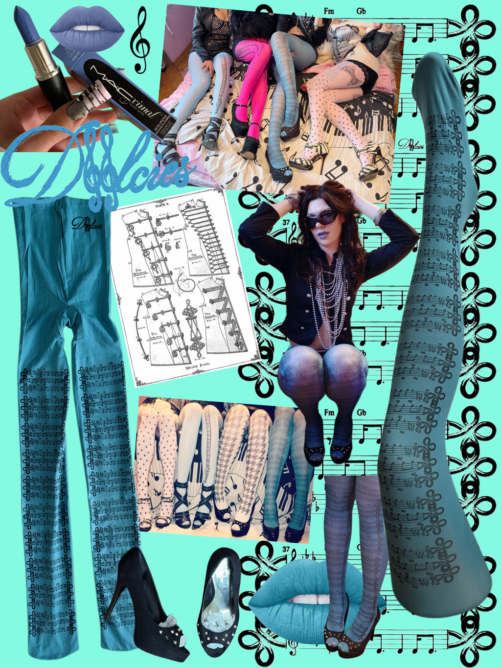 turquoise tights with music notes inspired by hussar jackets 40 den