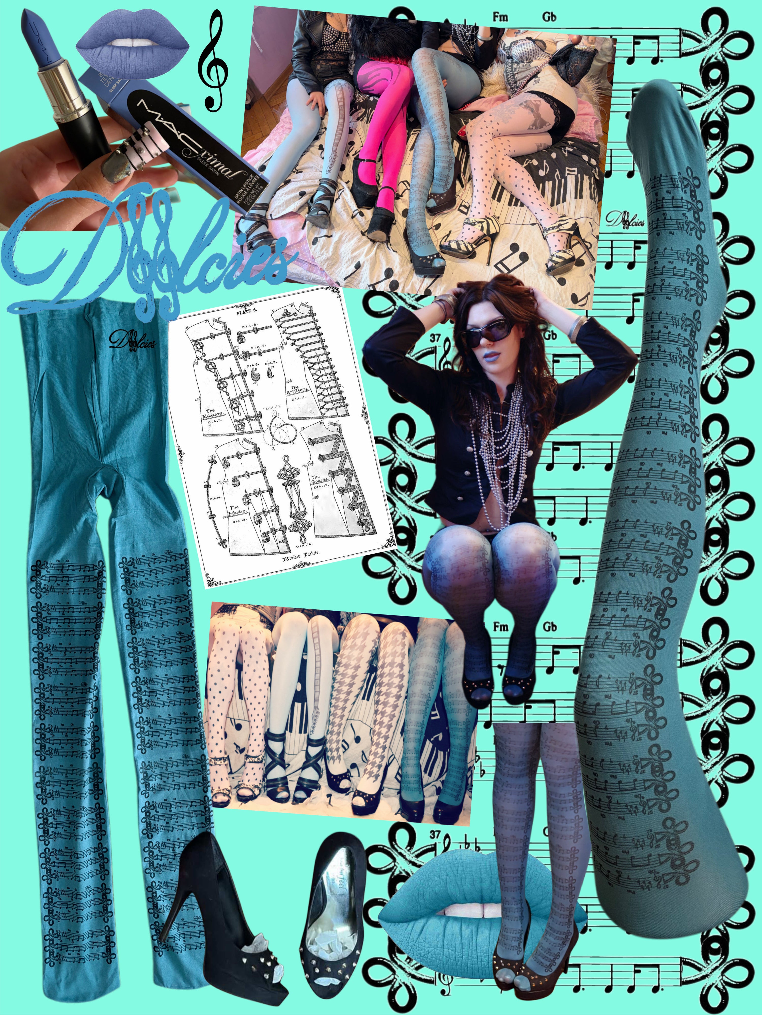 turquoise tights with music notes inspired by hussar jackets 40 den