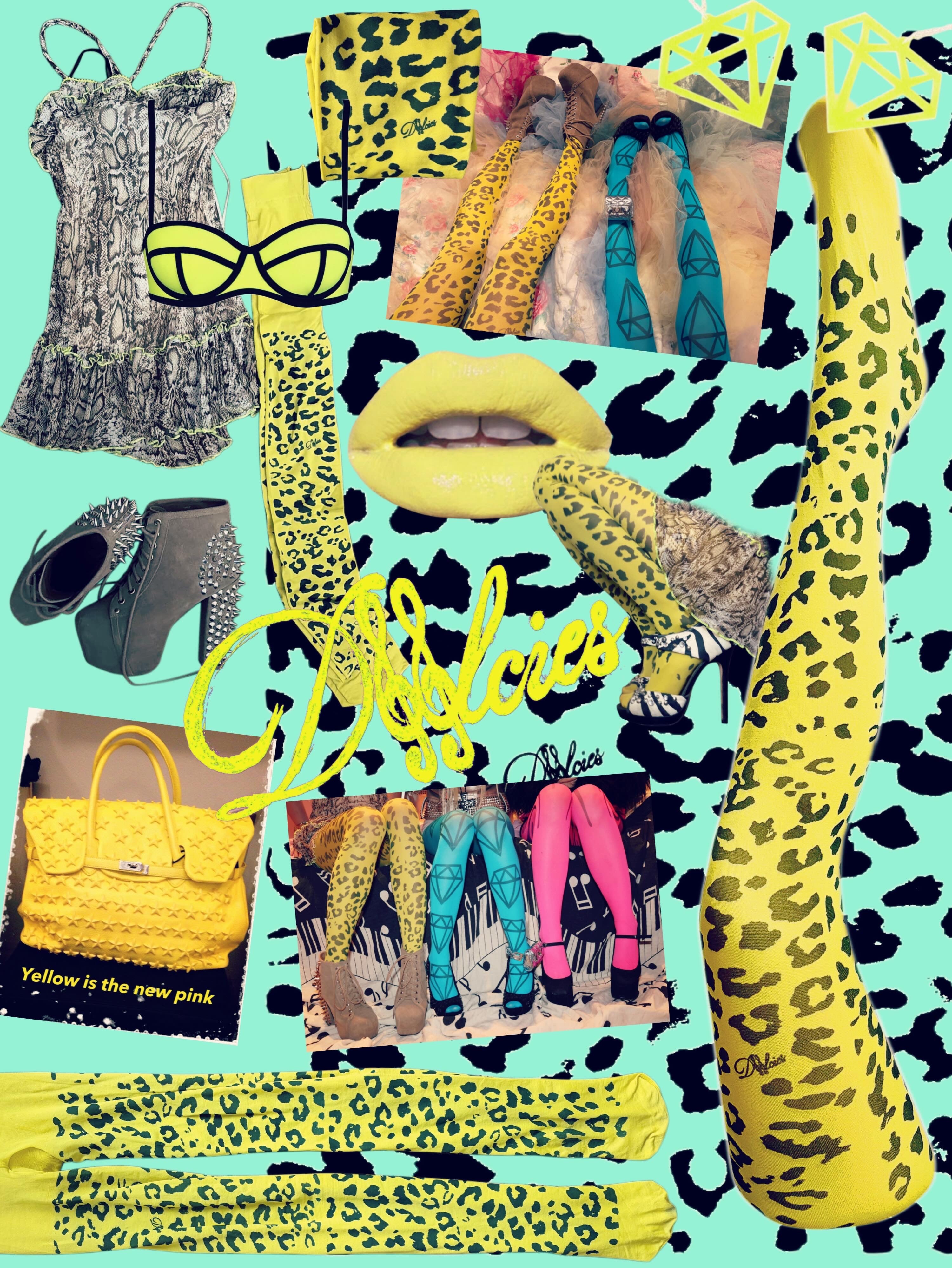 'yellow is the new pink' yellow tights with leopard print 40 den