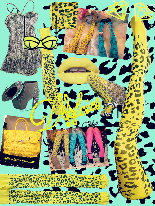 'yellow is the new pink' yellow tights with leopard print 40 den