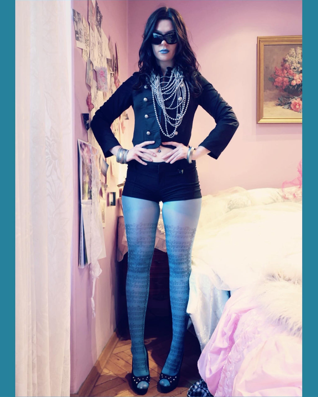 turquoise tights with music notes inspired by hussar jackets 40 den