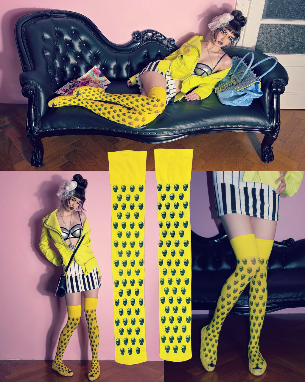 yellow stockings with skull studs print 40 den
