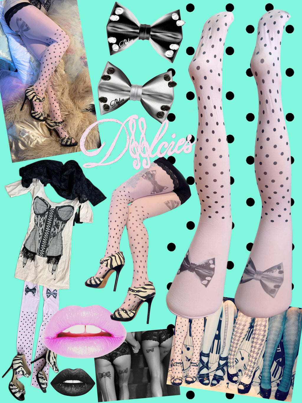 pastel pink tights with polka dots & studded bows 40 den