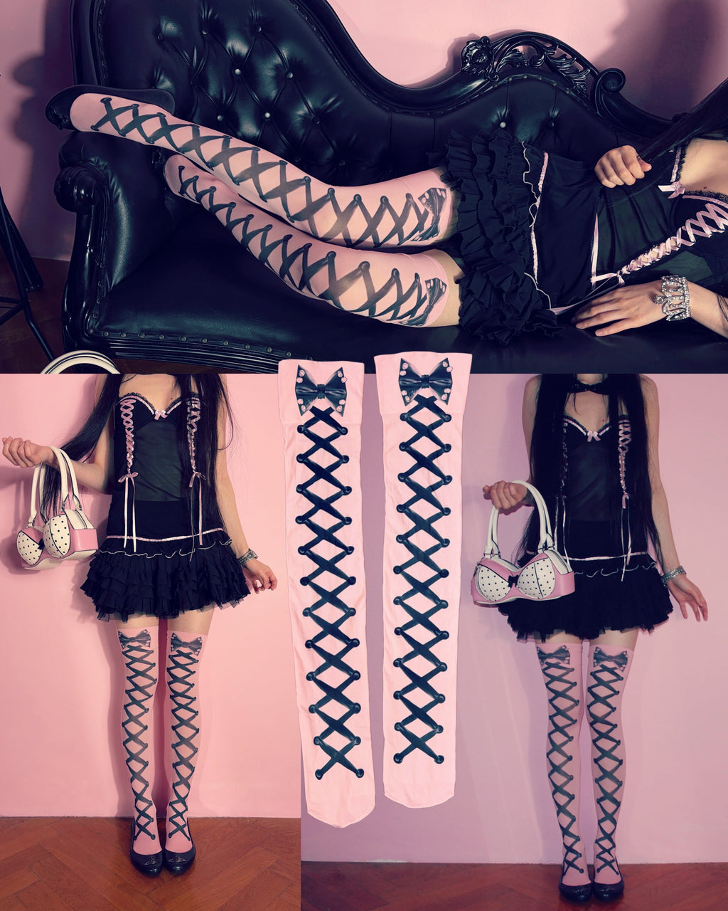 pastel pink stockings with corset print 40 den